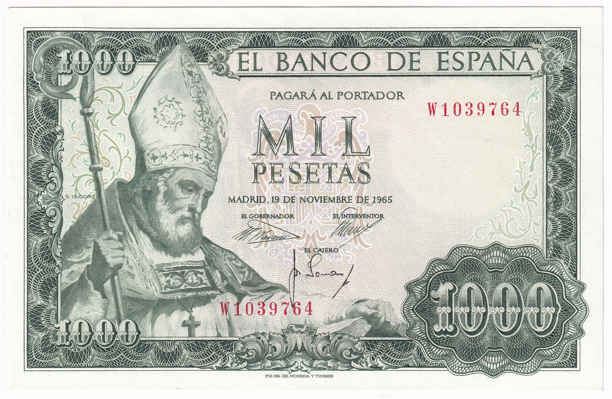 Spain 1965 1,000 Pesetas Note, Pick #151, AU-UNC