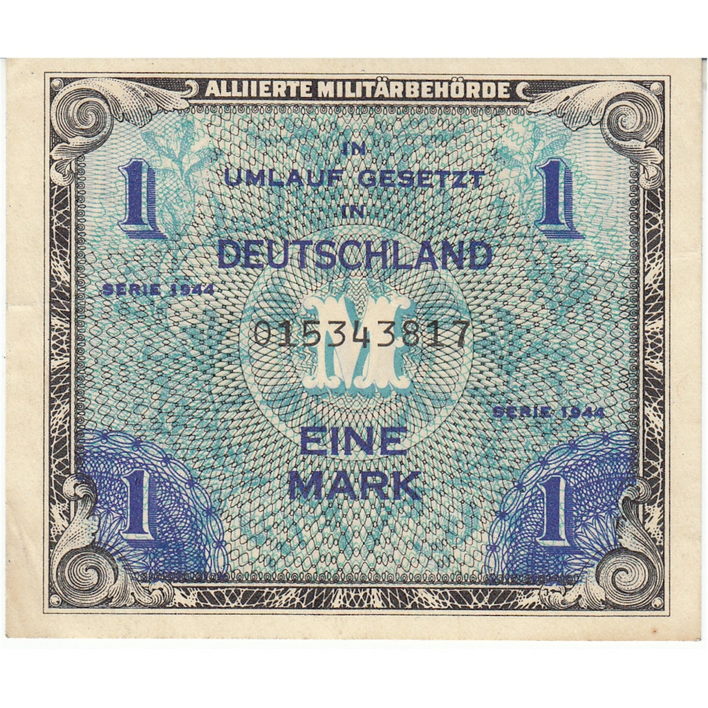 Germany 1944 1 Mark Note, Pick #192a, 9 Digit with F, EF