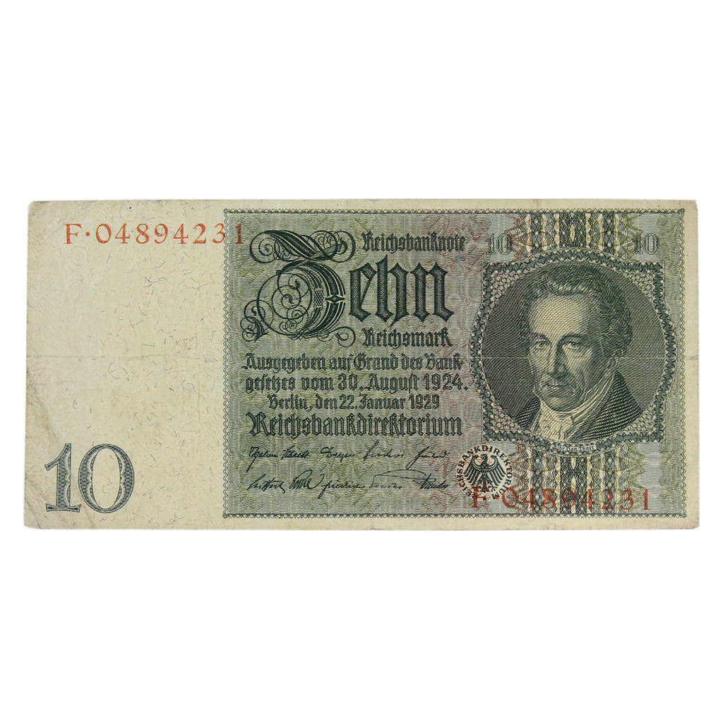 Germany 1929 10 Reichsmark Note, Pick #180b, VF