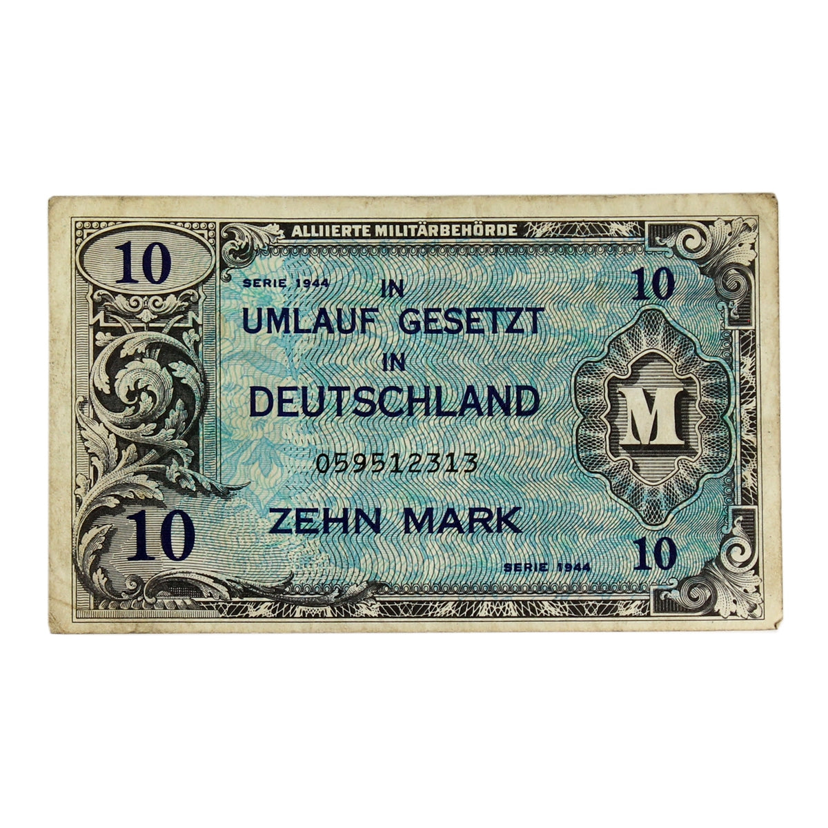 Germany 1944 10 Mark Note, Pick #194a, 9 Digit with F, VF