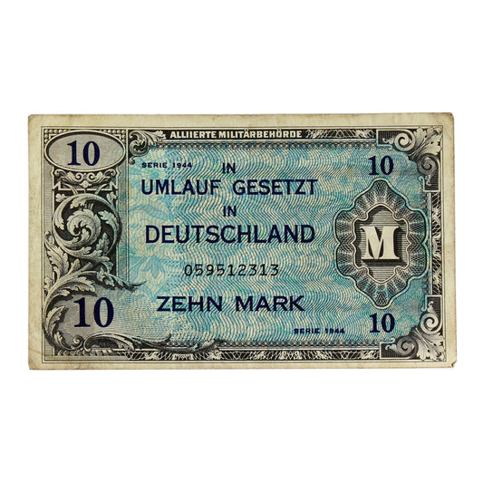 Germany 1944 10 Mark Note, Pick #194a, 9 Digit with F, VF