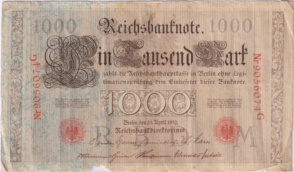 Germany 1910 1,000 Mark Note, Pick #44b, VF (Damaged) (L)