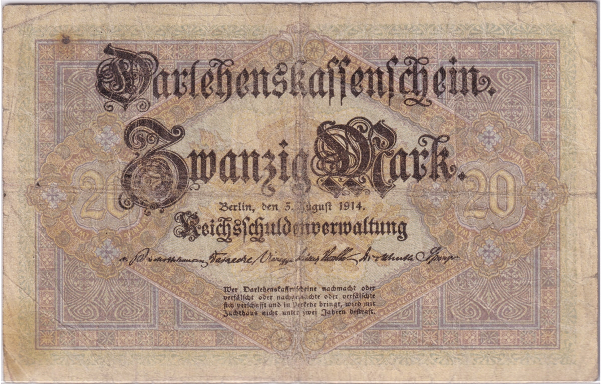 Germany 1914 20 Mark Note, Pick #48b, VG (holes) (L)