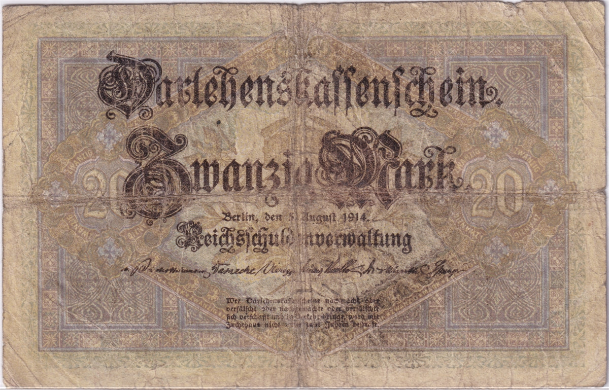 Germany 1914 20 Mark Note, Pick #48a, VG-F (Damaged) (L)