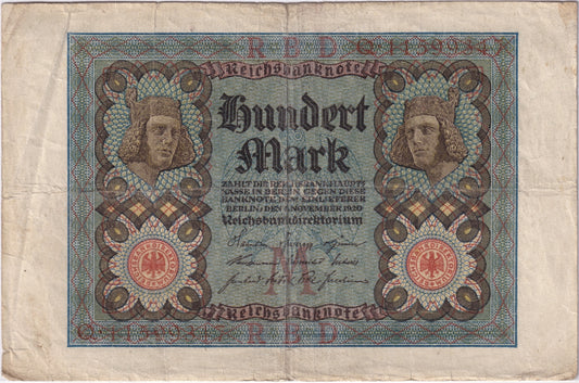 Germany 1920 100 Mark Note, Pick #69a, F (tears)