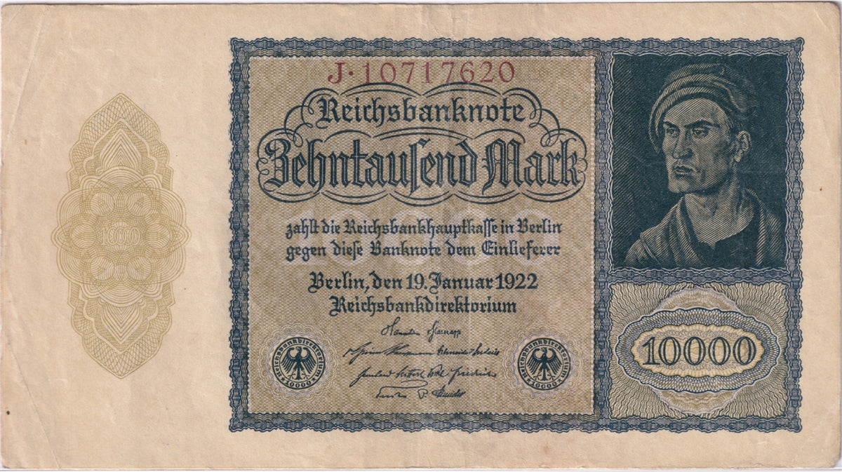 Germany 1922 10,000 Mark Note, Pick #72, EF (L)