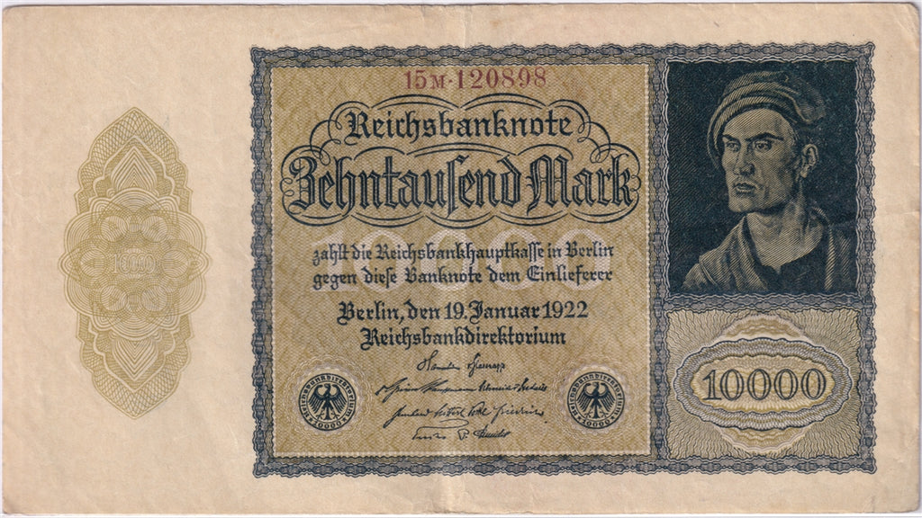 Germany 1922 10,000 Mark Note, Pick #72, EF (Impaired)