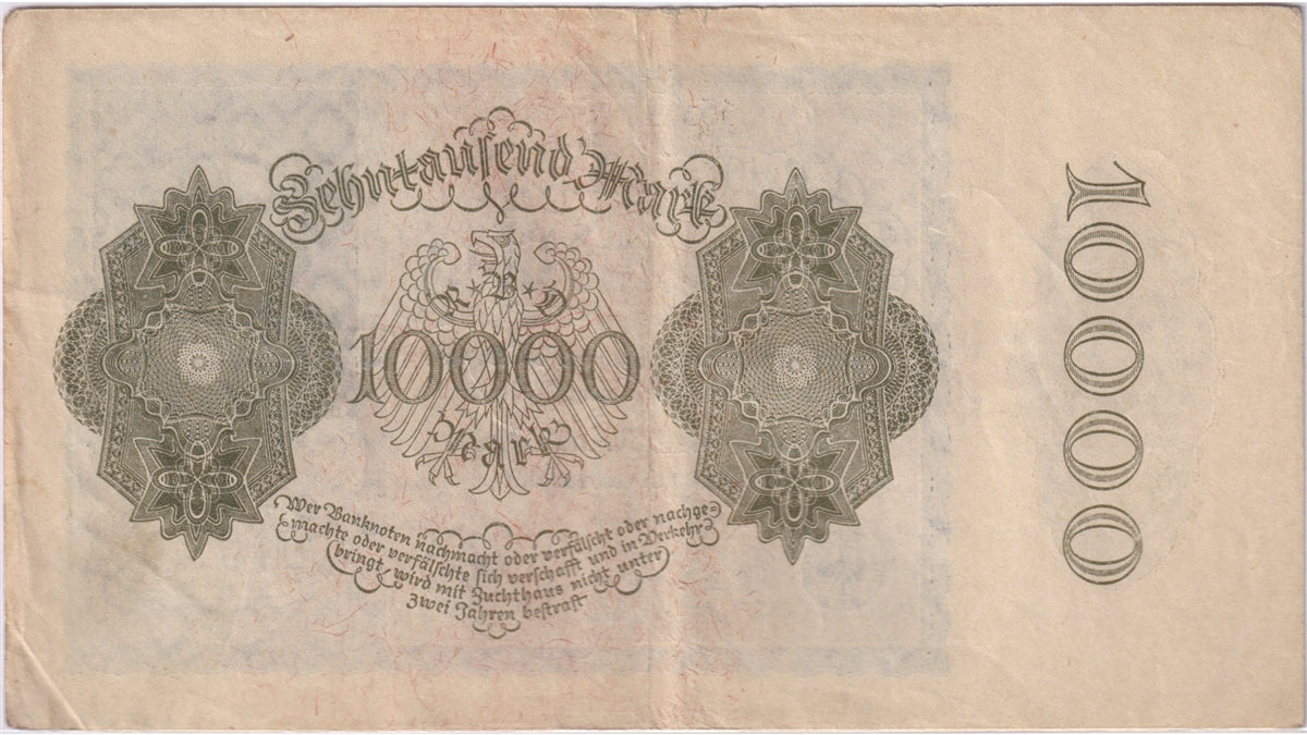 Germany 1922 10,000 Mark Note, Pick #72, EF (Impaired)