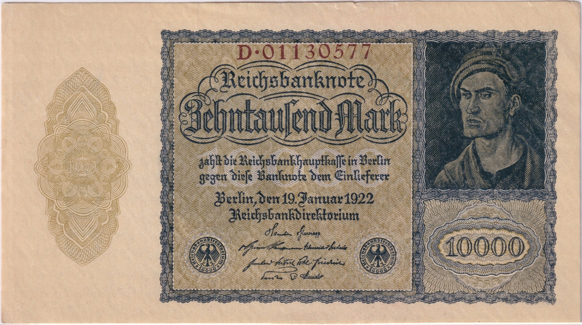 Germany 1922 10,000 Mark Note, Pick #72, AU (tear) (L)