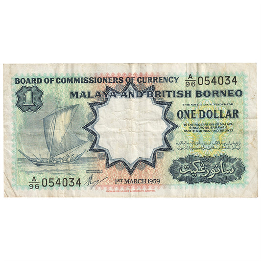 Malaya and British Borneo 1959 1 Dollar Note, Pick #8A, VF