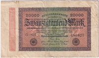 Germany 1923 20,000 Mark Note, Pick #85a F (L)