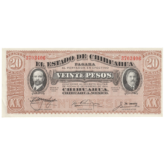 Mexico - Revolutionary 1915 20 Peso Note, Pick #S537b, AU-UNC