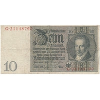 Germany 1929 10 Reichsmark Note, Pick #180a, F