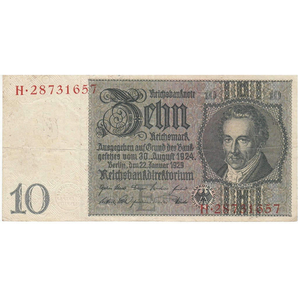 Germany 1929 10 Reichsmark Note, Pick #180a, VF