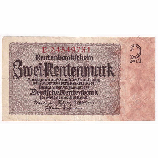 Germany 1937 2 Rentenmark Note, Pick #174b, 8 Digit, VF-EF