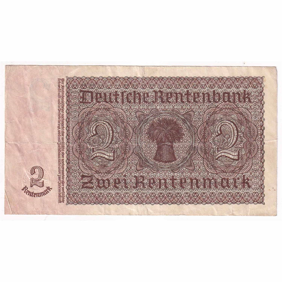 Germany 1937 2 Rentenmark Note, Pick #174b, 8 Digit, VF-EF