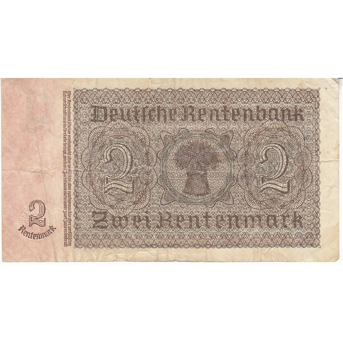 Germany 1937 2 Rentenmark Note, Pick #174b, 8 Digit, VF