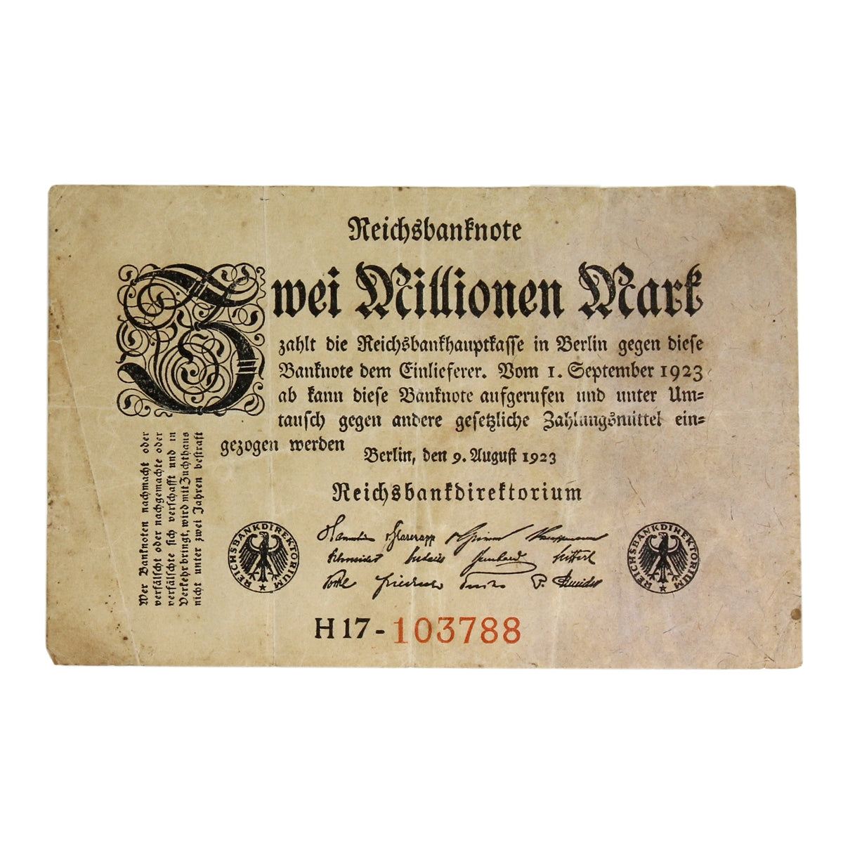 Germany 1923 2 Million Mark Note, Pick #103, VF