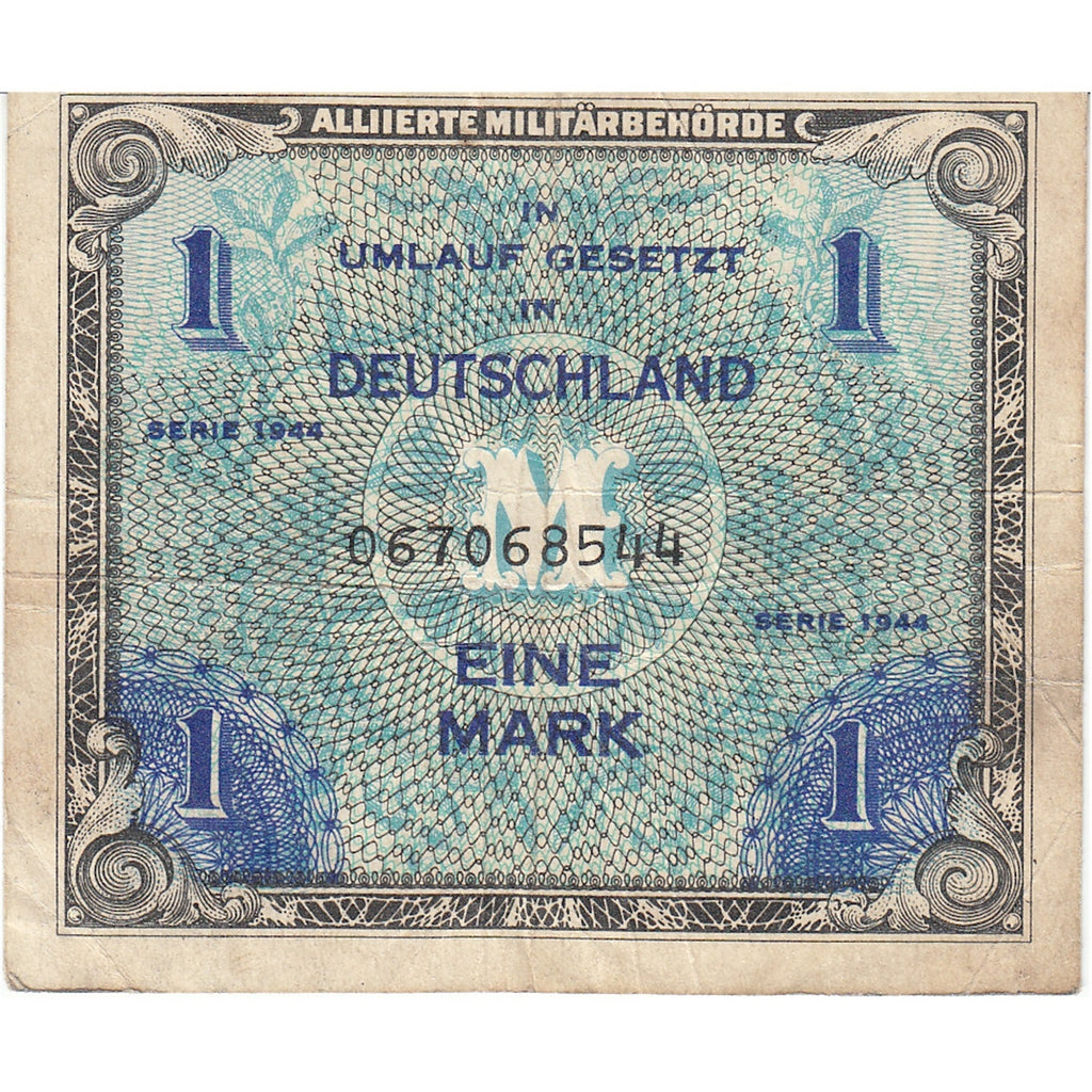 Germany 1944 1 Mark Note, Pick #192a, 9 Digit with F, VF-EF