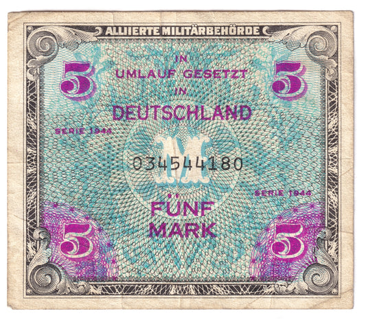 Germany 1944 5 Mark Note, Pick #193a, 9 Digit with F, VF