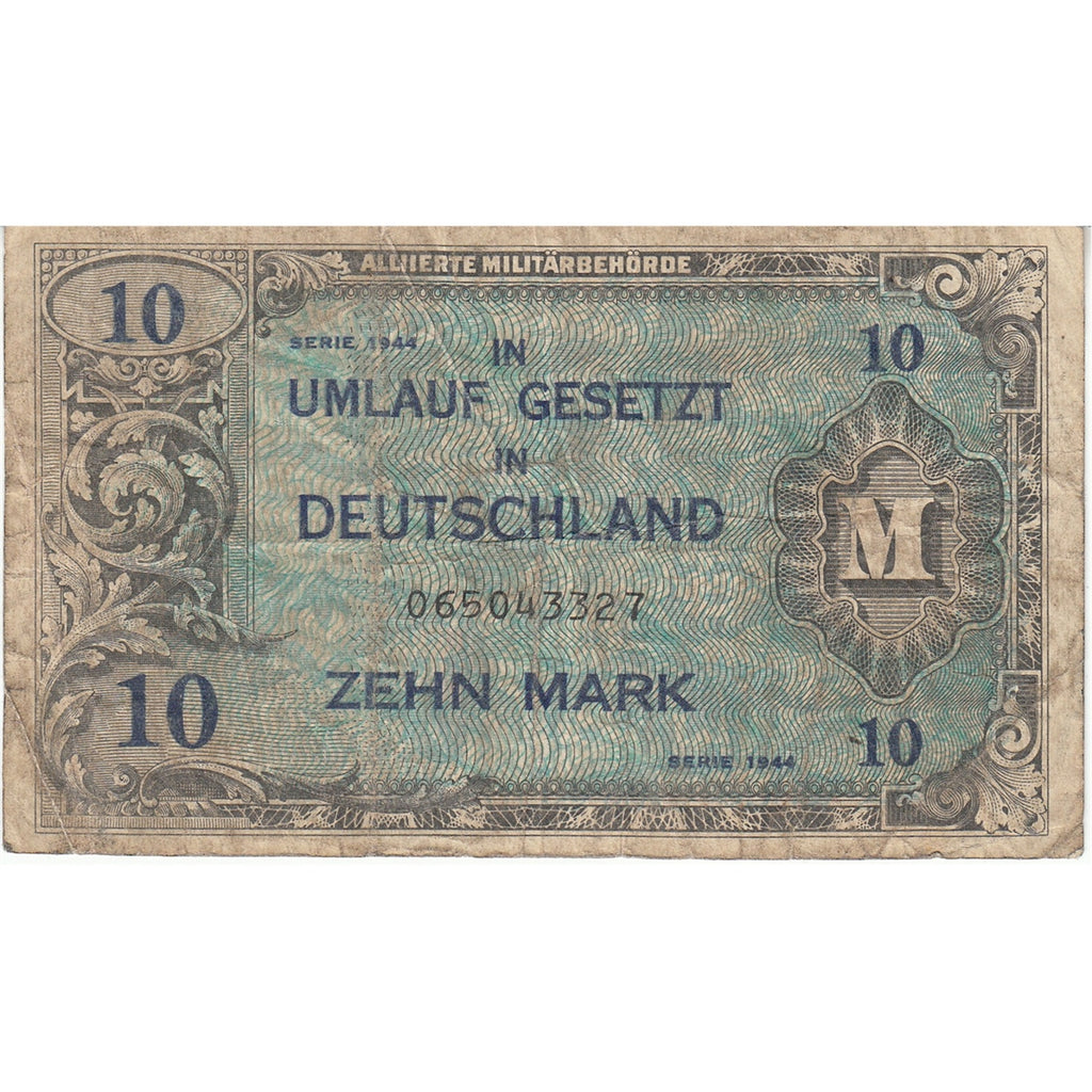 Germany 1944 10 Mark Note, Pick #194a, 9 Digit With F, F