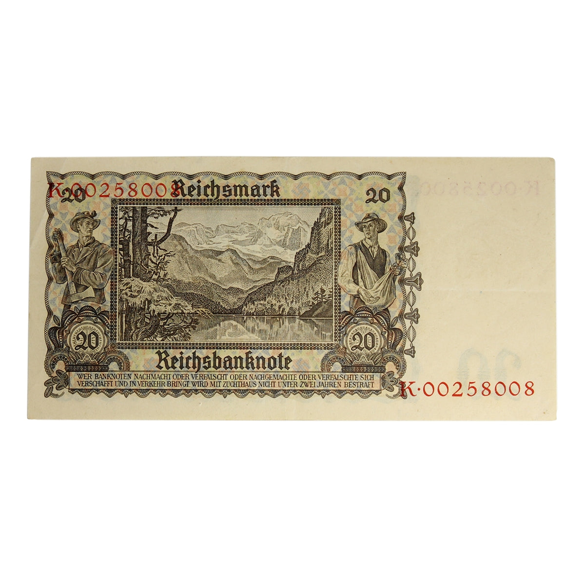 Germany 1939 20 Reichsmark Note, Pick #185, EF