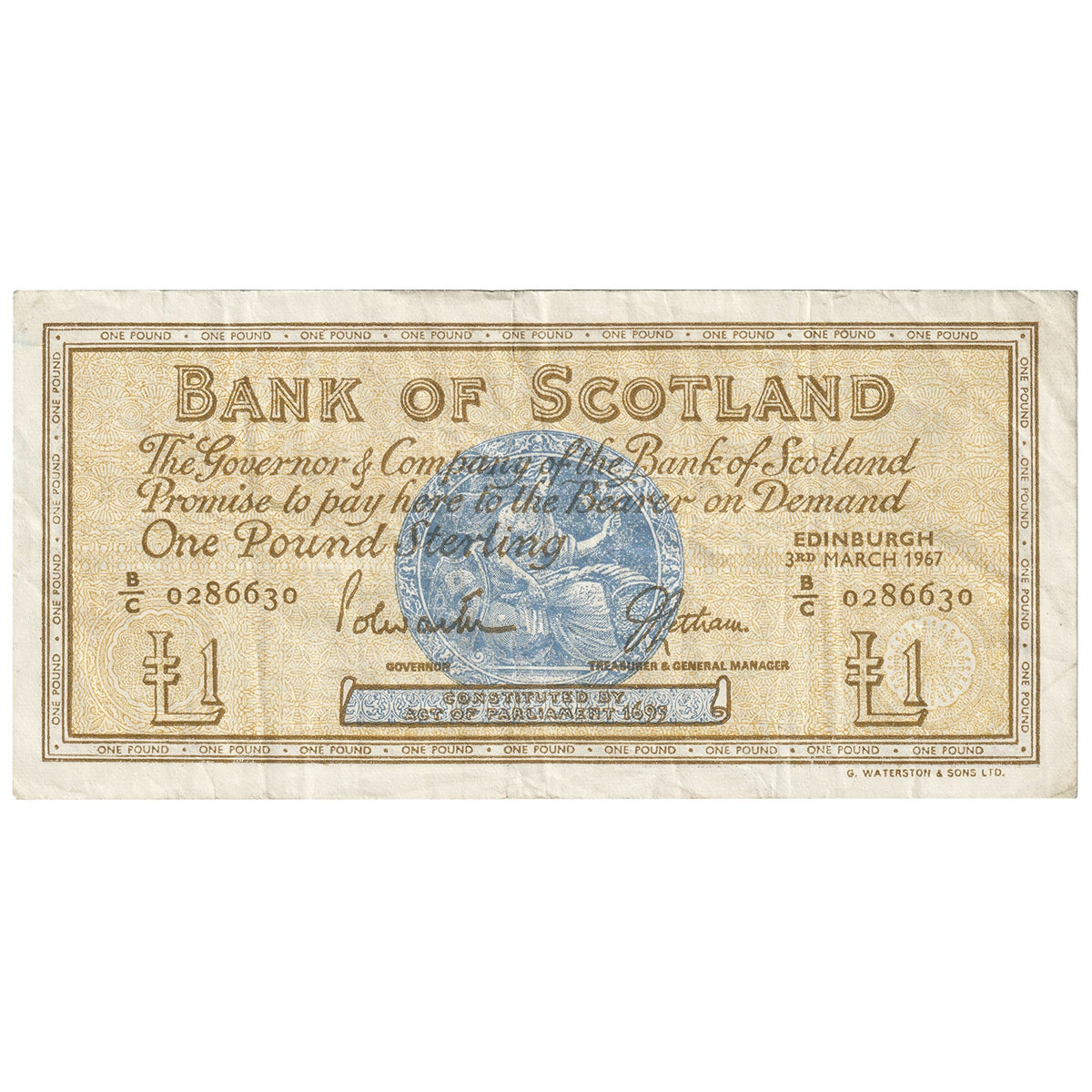 Scotland 1967 Bank of Scotland 1 Pound Note, Pick #105b,VF