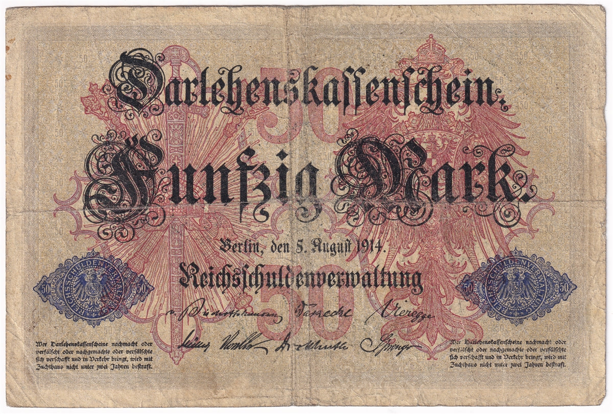 Germany 1914 50 Mark Note, Pick #49a 6 Digit, VG (L)