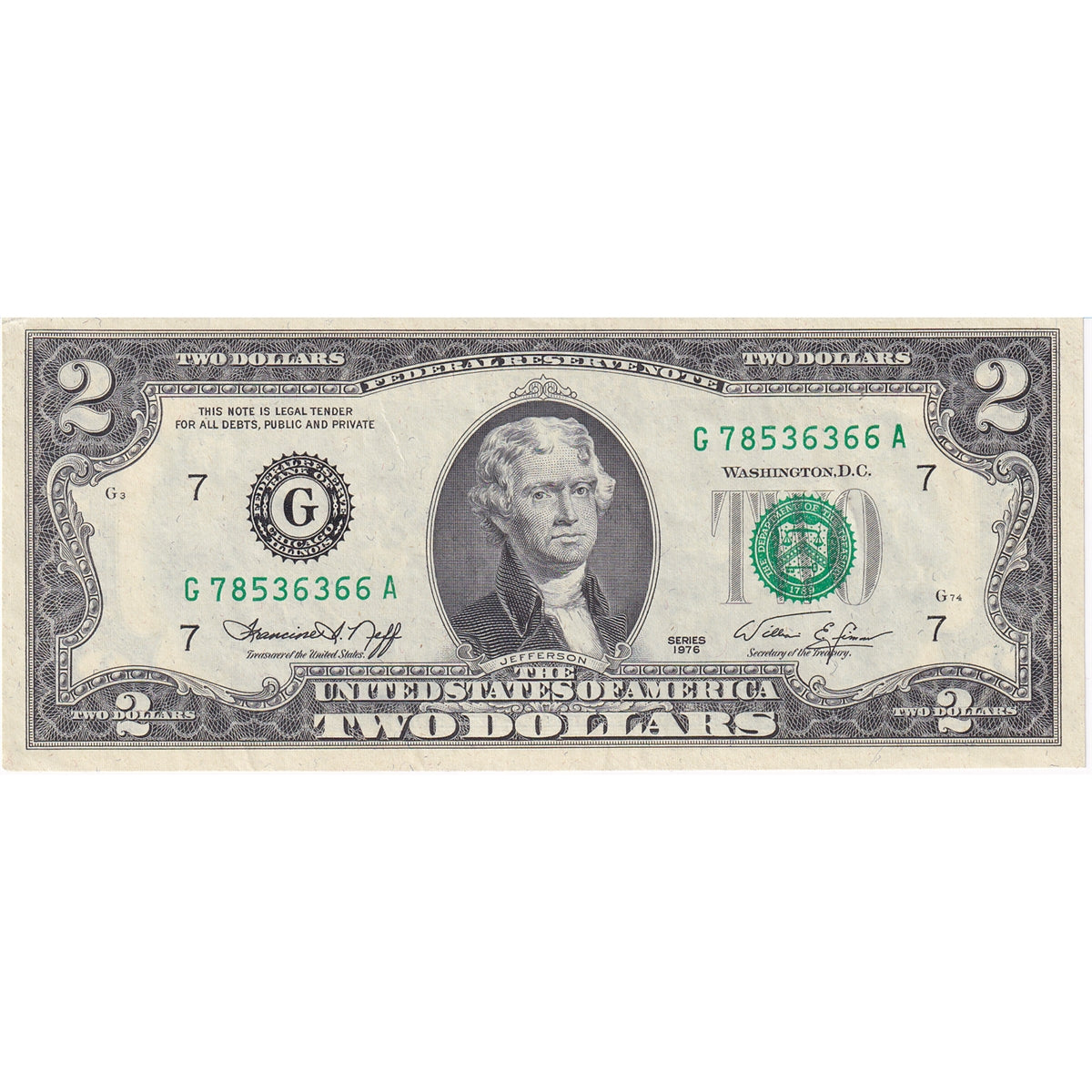 USA 1976 $2 Note, FR #1935G, Neff-Simon, Chicago, UNC