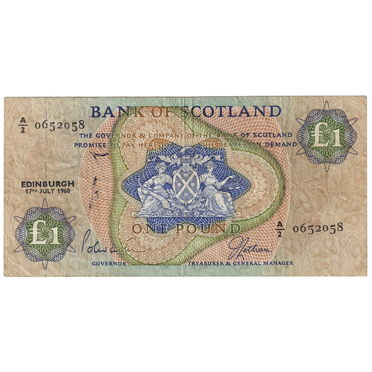 Scotland 1968 Bank of Scotland 1 Pound Note, Pick #109a, F