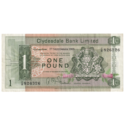 Scotland 1969 Clydesdale Bank 1 Pound Note, Pick #202, VF