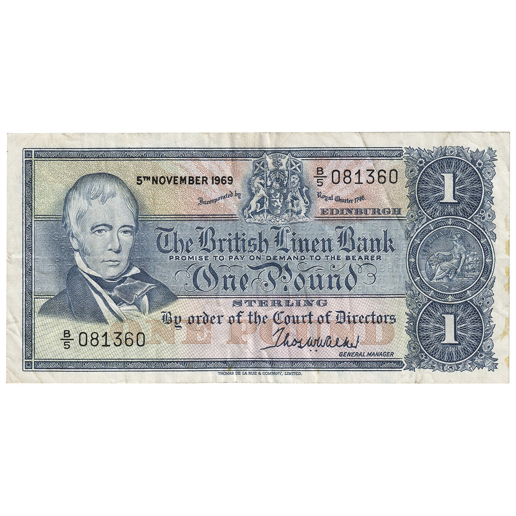 Scotland 1969 British Linen Bank 1 Pound Note, Pick #169a, VF