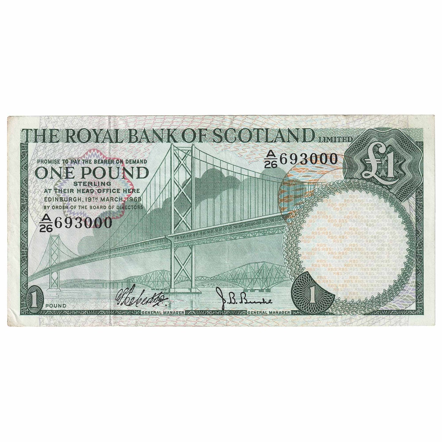 Scotland 1969 Royal Bank of Scotland 1 Pound Note, Pick #329a, EF