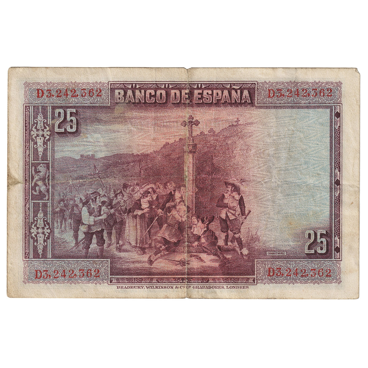 Spain 1928 25 Pesetas Note, Pick #74b, VF