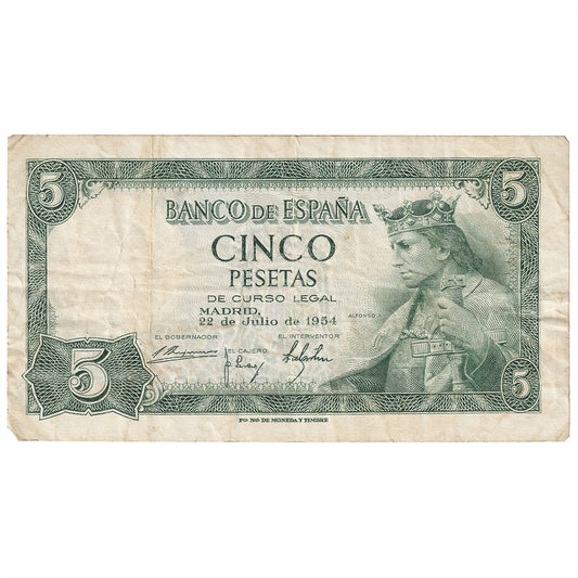 Spain 1954 5 Pesetas Note, Pick #146a, VF