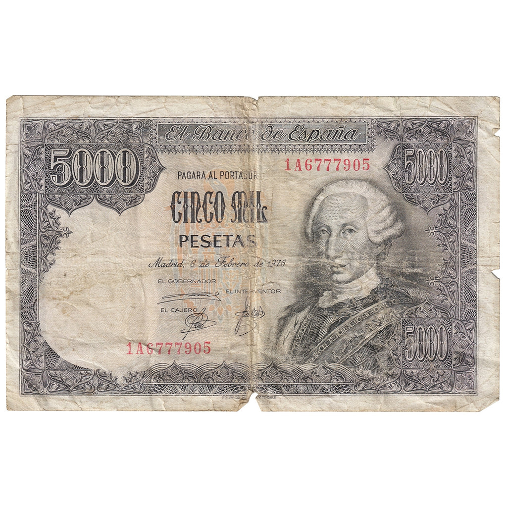 Spain 1976 5000 Pesetas Note, Pick #155, CIRC