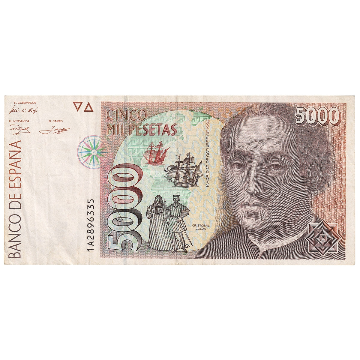 Spain 1992 5000 Pesetas Note, Pick #165, VF