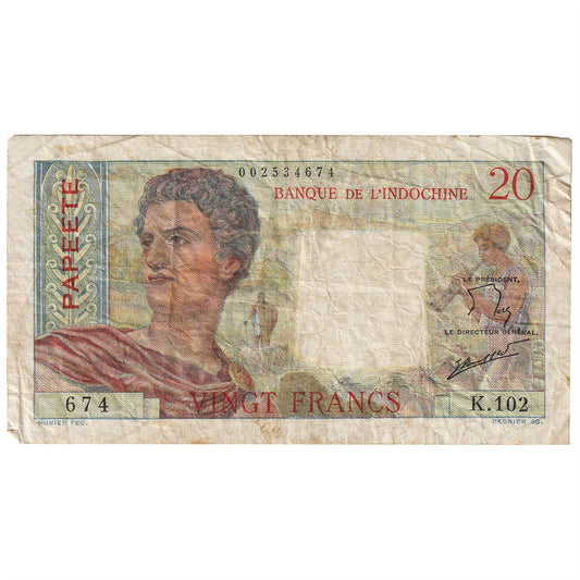 Tahiti 1963 20 Franc Note, Pick #21c, VF