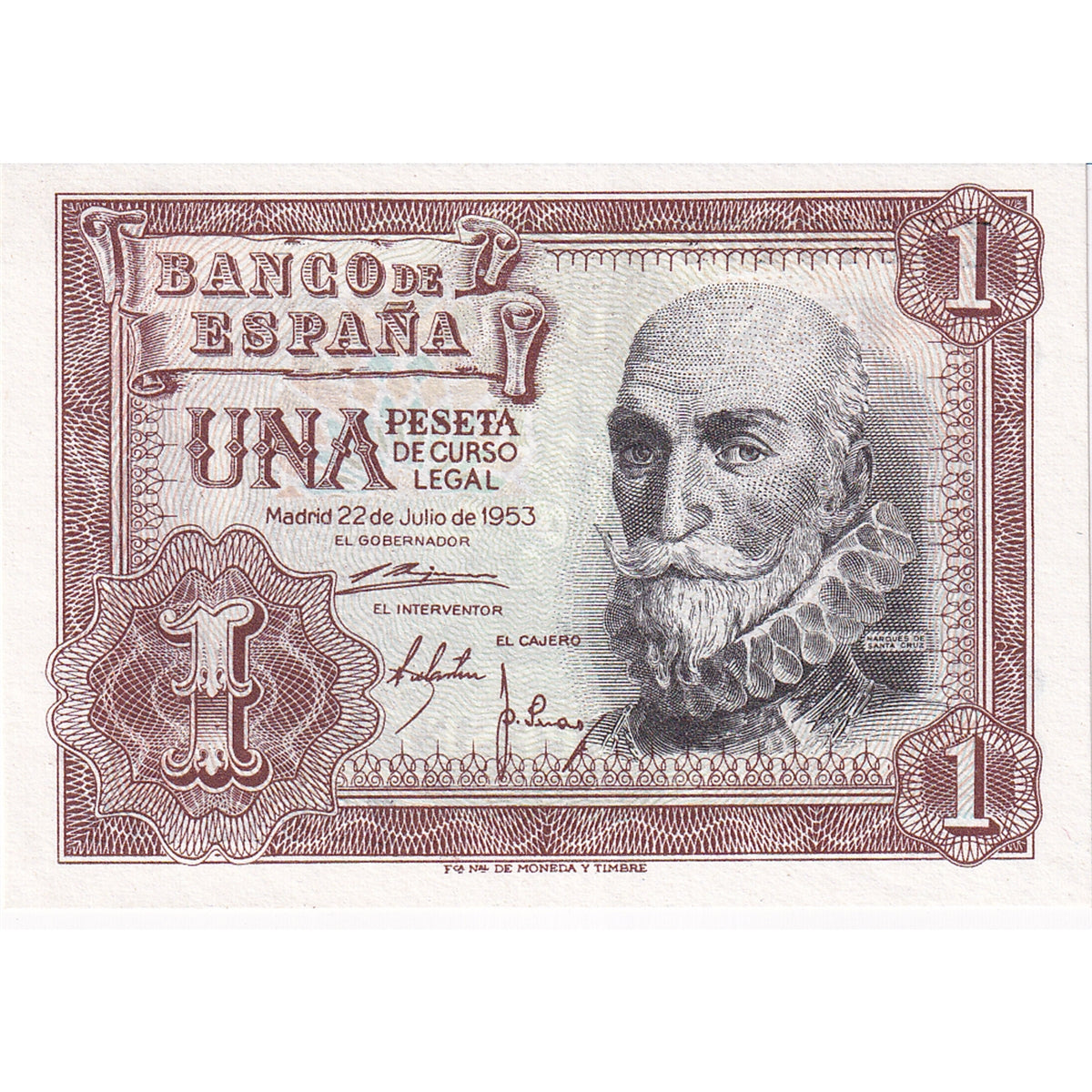 Spain 1953 1 Peseta Note, Pick #144a, UNC