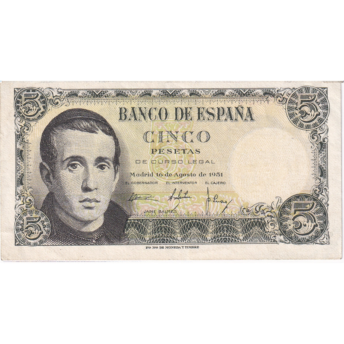 Spain 1951 5 Peseta Note, Pick #140, AU