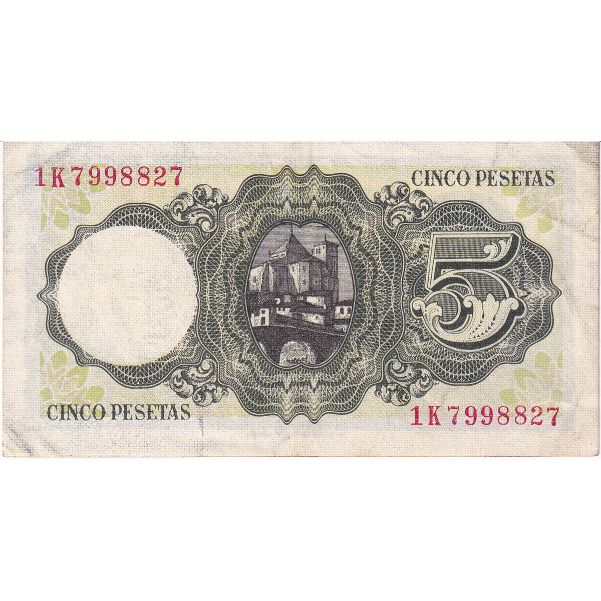 Spain 1951 5 Peseta Note, Pick #140, AU