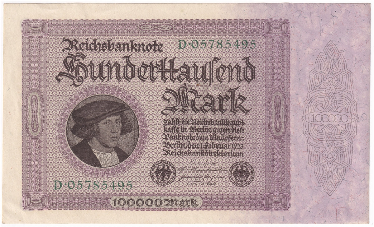 Germany 1923 100,000 Mark Note, Pick #83a, AU-UNC (L)