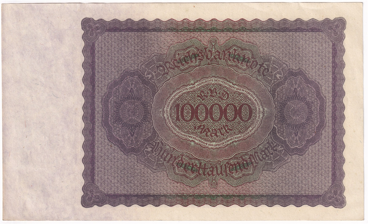 Germany 1923 100,000 Mark Note, Pick #83a, AU-UNC (L)