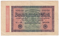 Germany 1923 20,000 Mark Note, Pick #85b, VF (L)