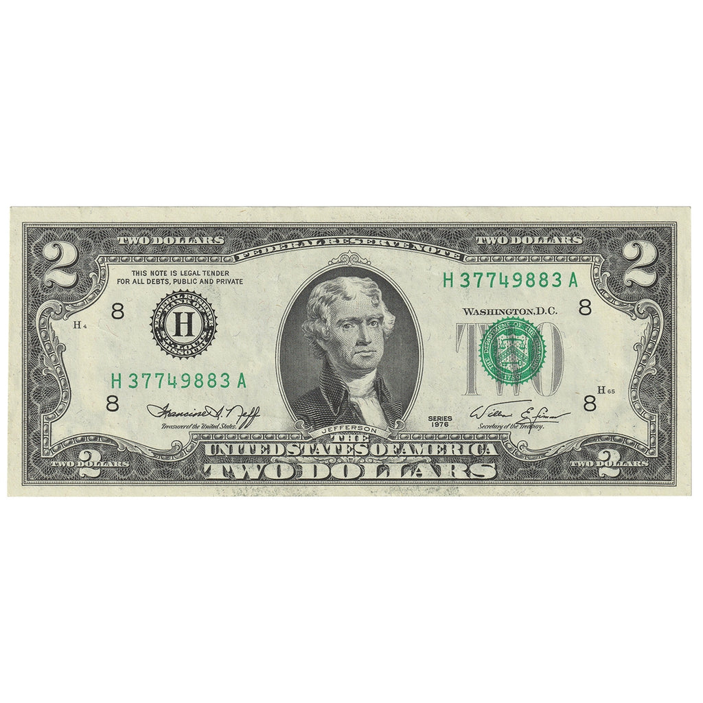 USA 1976 $2 Note, FR #1935H, Neff-Simon, St. Louis, AU-UNC