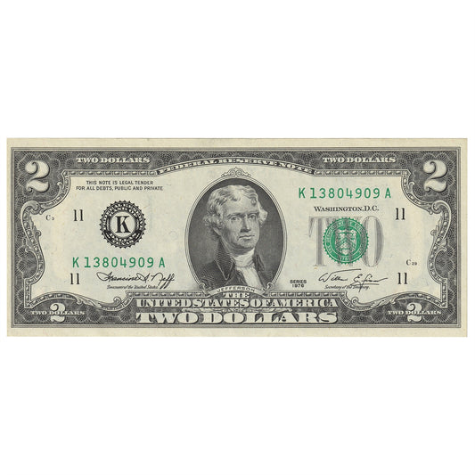 USA 1976 $2 Note, FR #1935K, Neff-Simon, Dallas, UNC