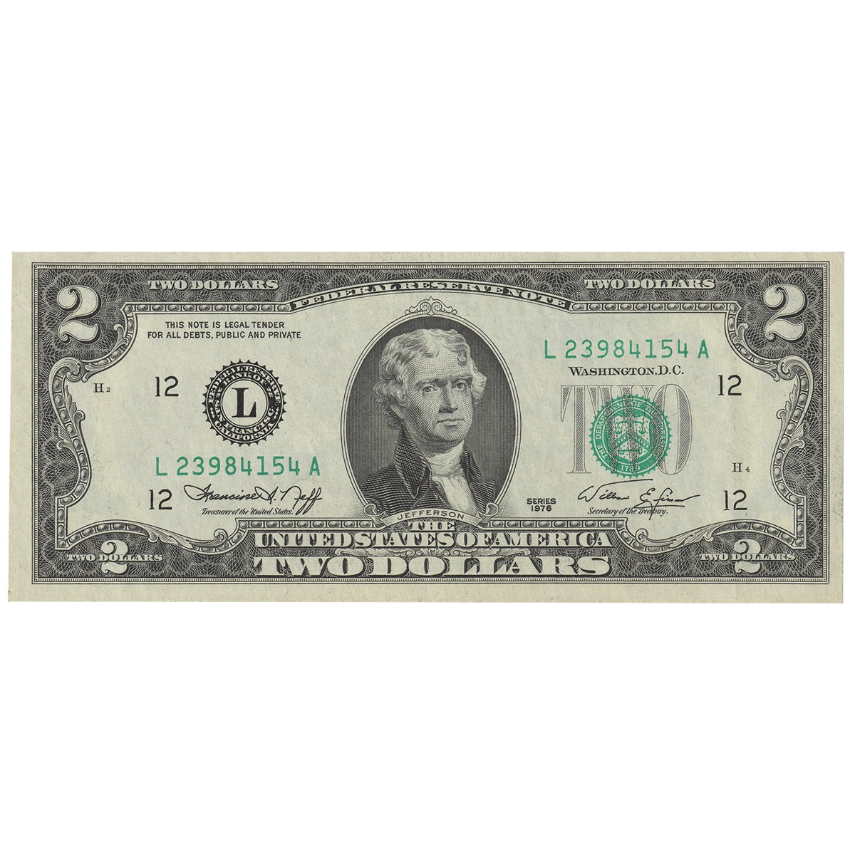 USA 1976 $2 Note, FR #1935L, Neff-Simon, San Francisco, AU