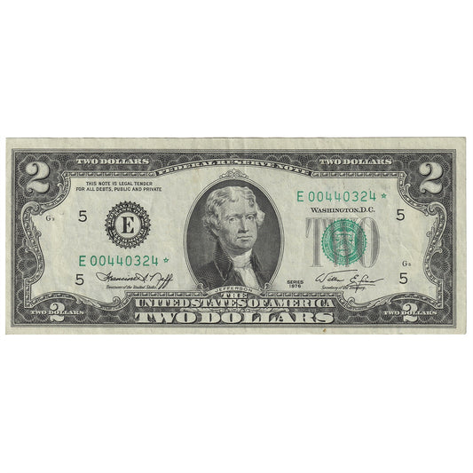 USA 1976 $2 Note, FR #1935E*, Neff-Simon, Star Note, Richmond, VF-EF