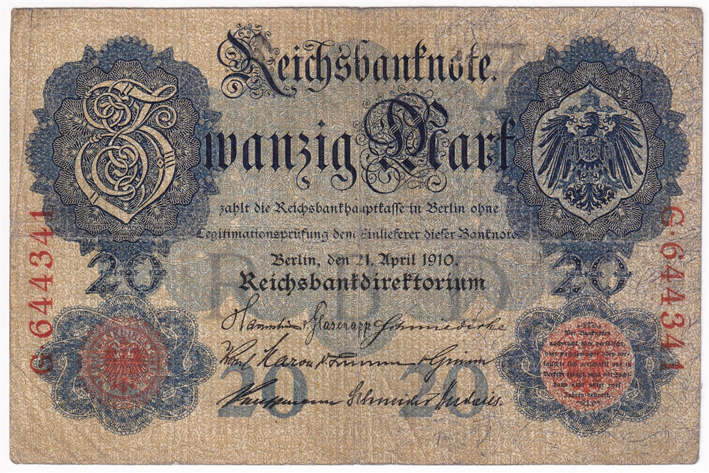 Germany 1910 20 Mark Note, Pick #40a 6 Digit, VG-F (L)