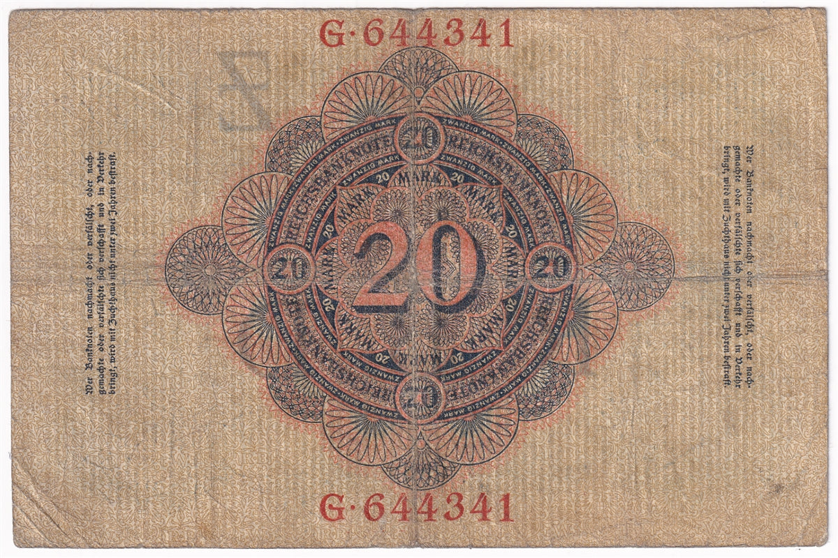 Germany 1910 20 Mark Note, Pick #40a 6 Digit, VG-F (L)